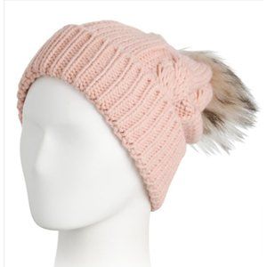 CREAZIONI BABO Made In Italy Braided Knit Beanie With Faux Fur Pom